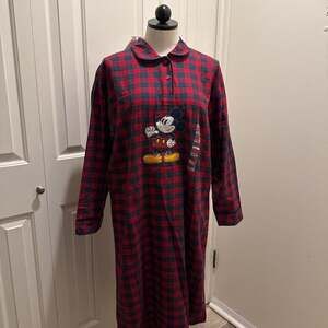Vintage 1990's Disney Store Red/Green Plaid 'Mickey Mouse' Flannel Nightgown.